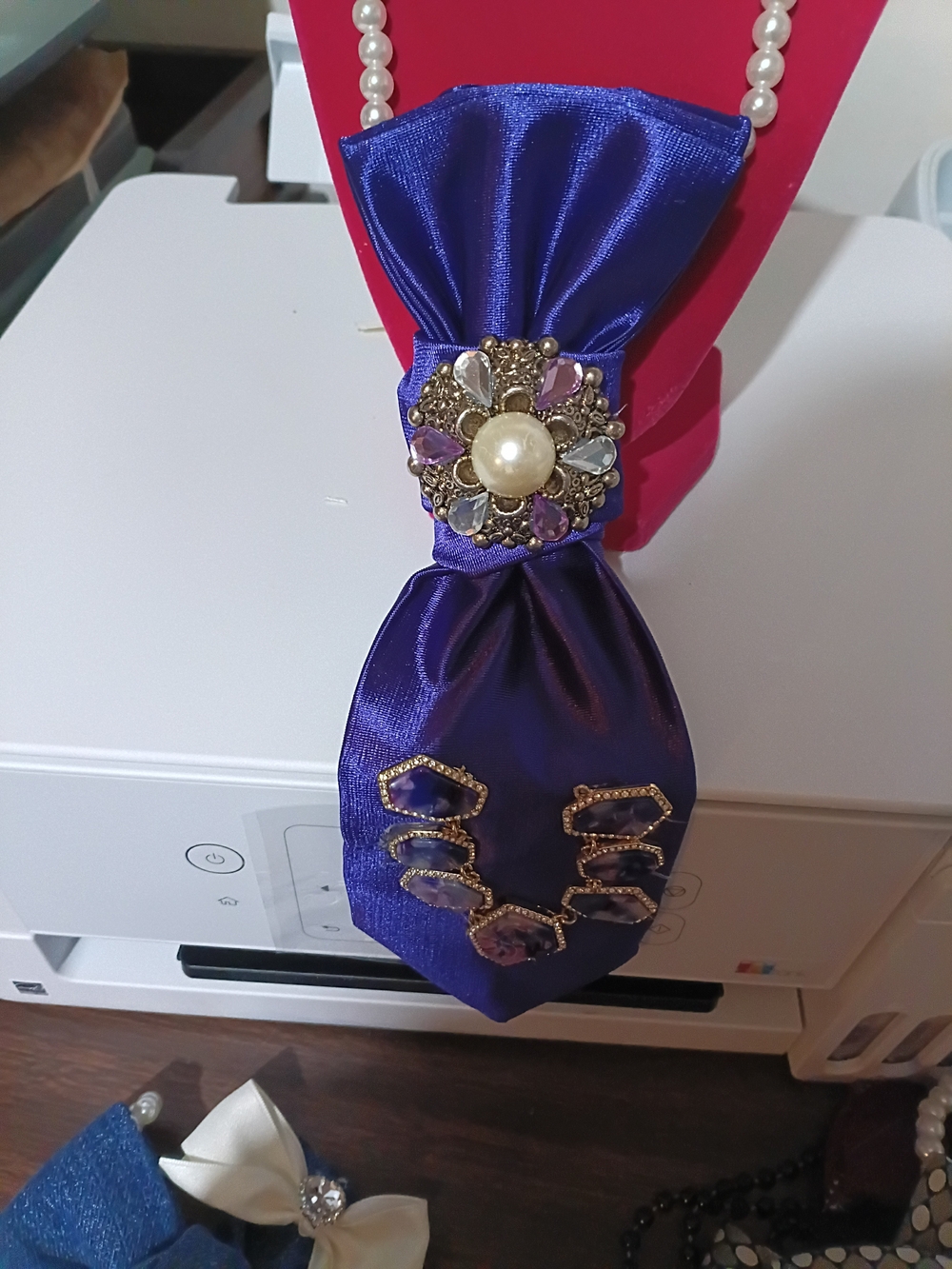 Purple Satin Bow Necklace with Gem Accent